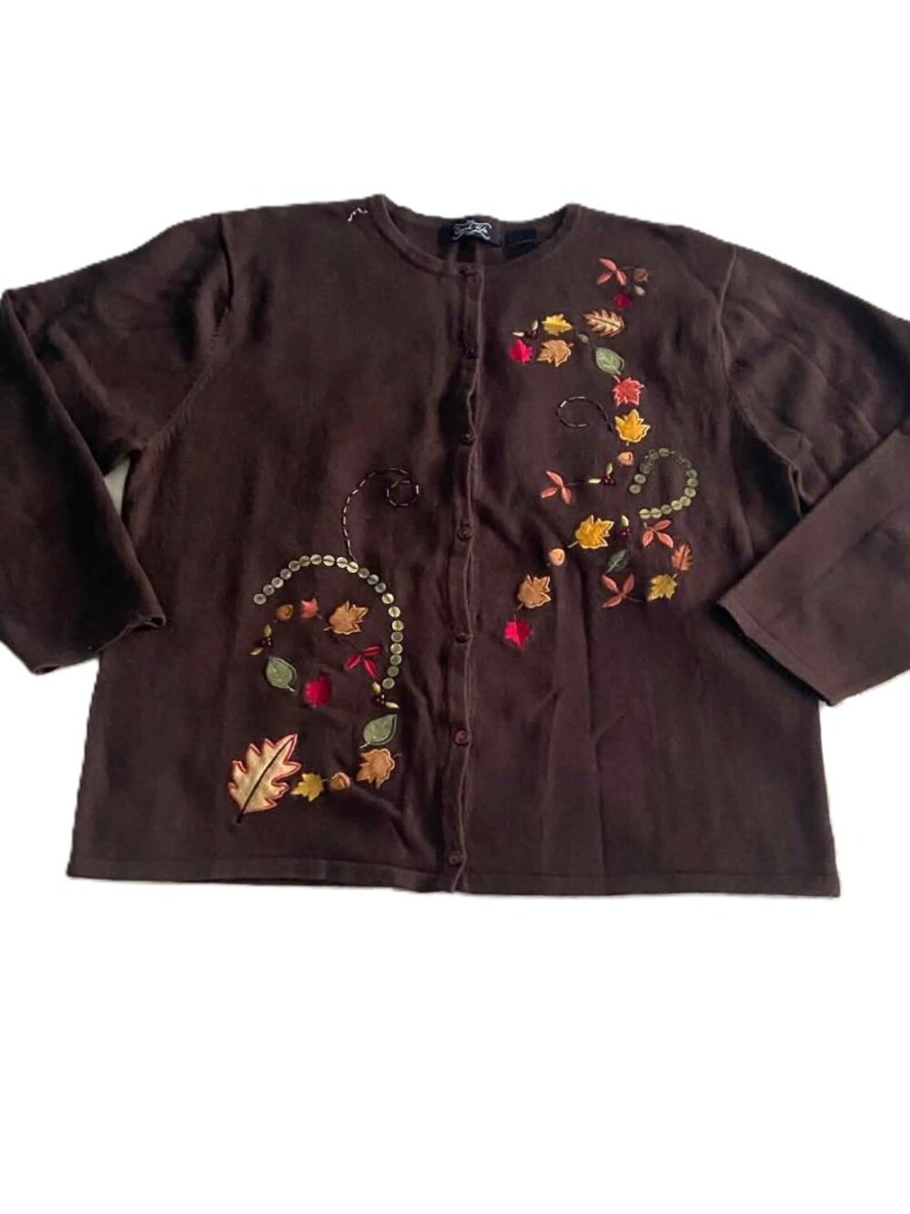 Crystal-Kobe Women's XL Brown Cardigan Sweater Embroidered Fall Leaves